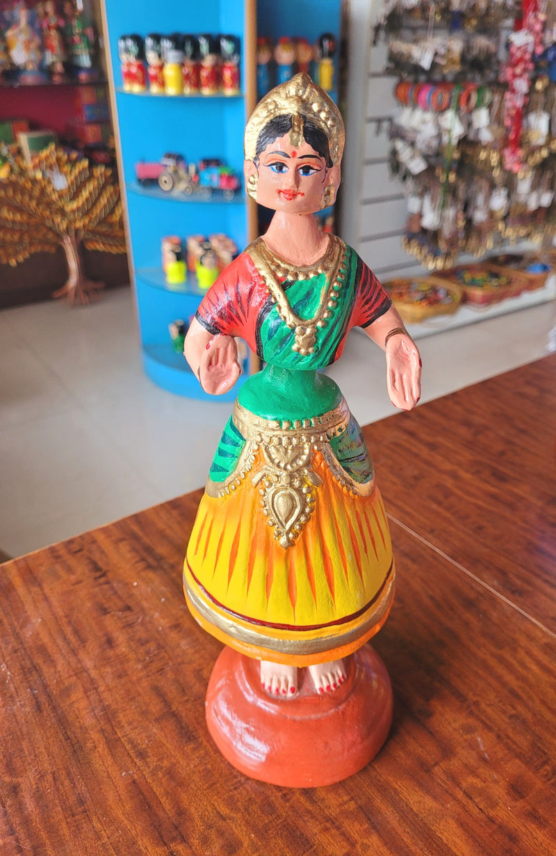 Diamond Dancing Doll 12 inch Big Yellow With Green(12 H * 4.5 L * 4.5 W) inch Paper mache Thanjavur thalayatti bommai dancing doll