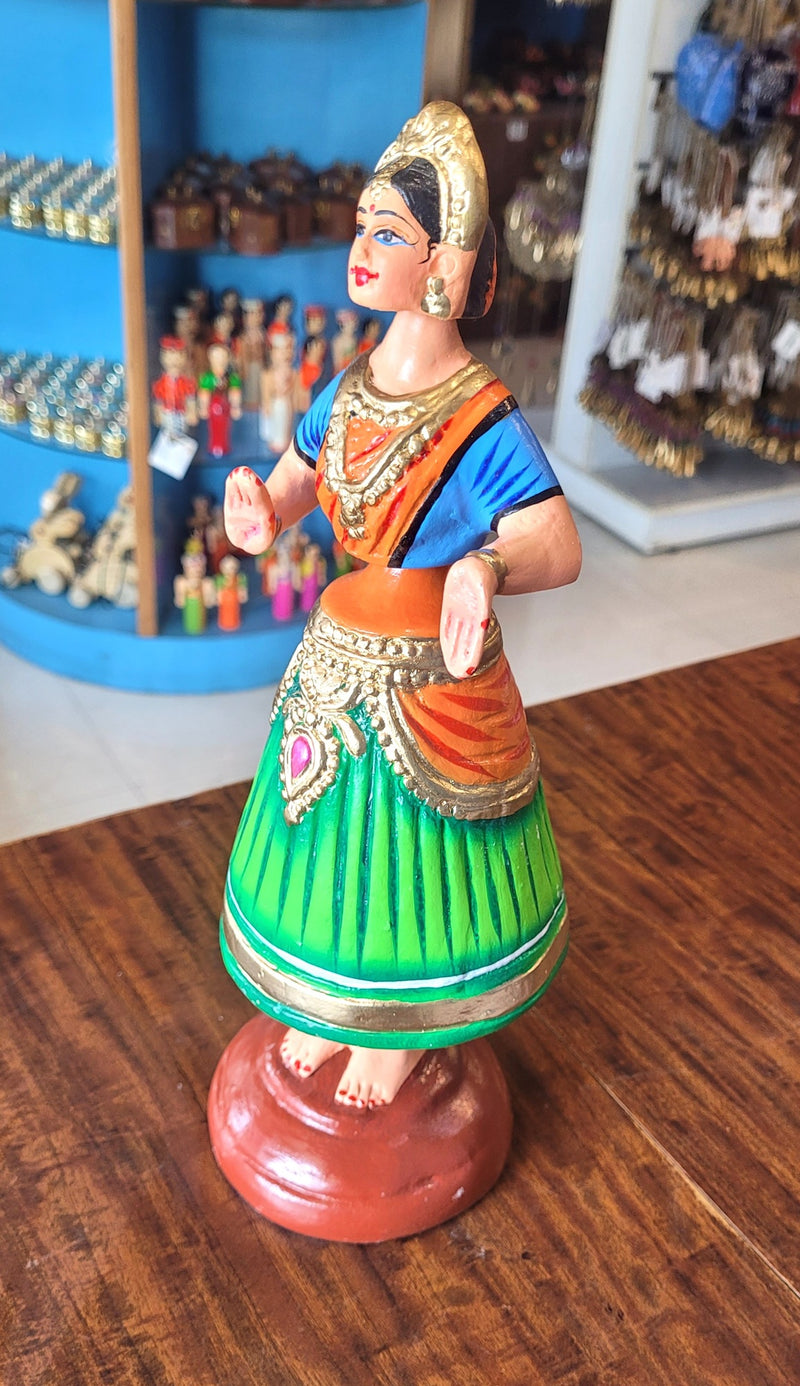 Tanjore dolls Thanjavur Thalayatti Bommai  Diamond Dancing Doll 12 inch Big Green with Orange (12 H * 4 L * 4 W) inch Paper mache golu dolls butta bomma
