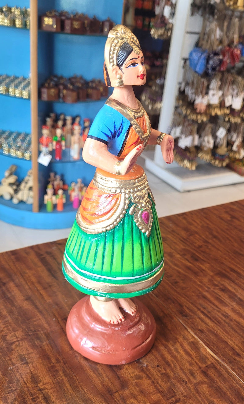 Tanjore dolls Thanjavur Thalayatti Bommai  Diamond Dancing Doll 12 inch Big Green with Orange (12 H * 4 L * 4 W) inch Paper mache golu dolls butta bomma