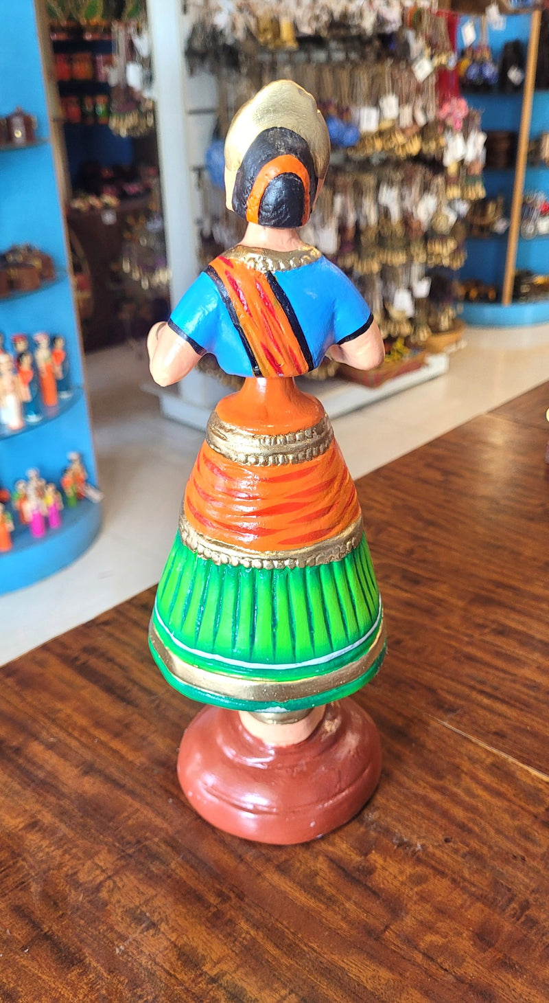 Tanjore dolls Thanjavur Thalayatti Bommai  Diamond Dancing Doll 12 inch Big Green with Orange (12 H * 4 L * 4 W) inch Paper mache golu dolls butta bomma