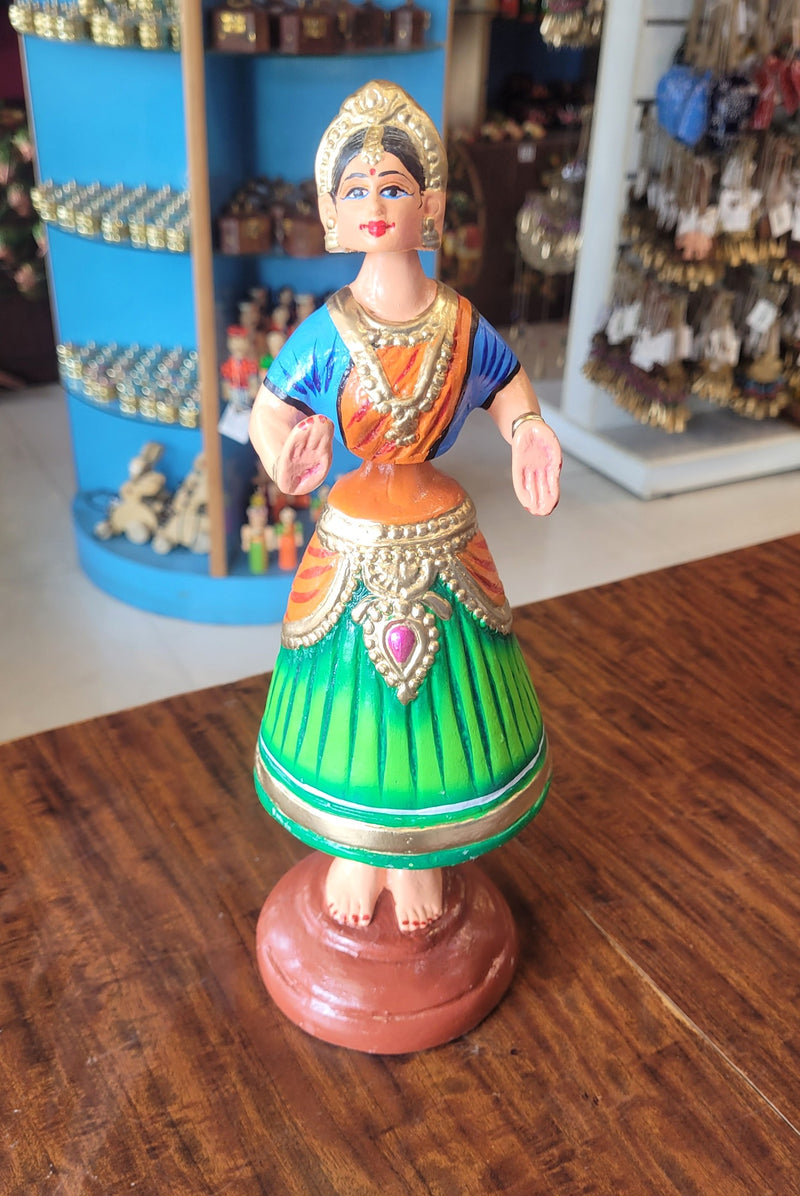 Tanjore dolls Thanjavur Thalayatti Bommai  Diamond Dancing Doll 12 inch Big Green with Orange (12 H * 4 L * 4 W) inch Paper mache golu dolls butta bomma