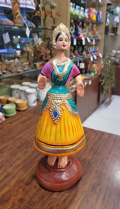 Diamond Dancing Doll 12 inch Big Yellow With Green(12 H * 4.5 L * 4.5 W) inch Paper mache Thanjavur thalayatti bommai dancing doll