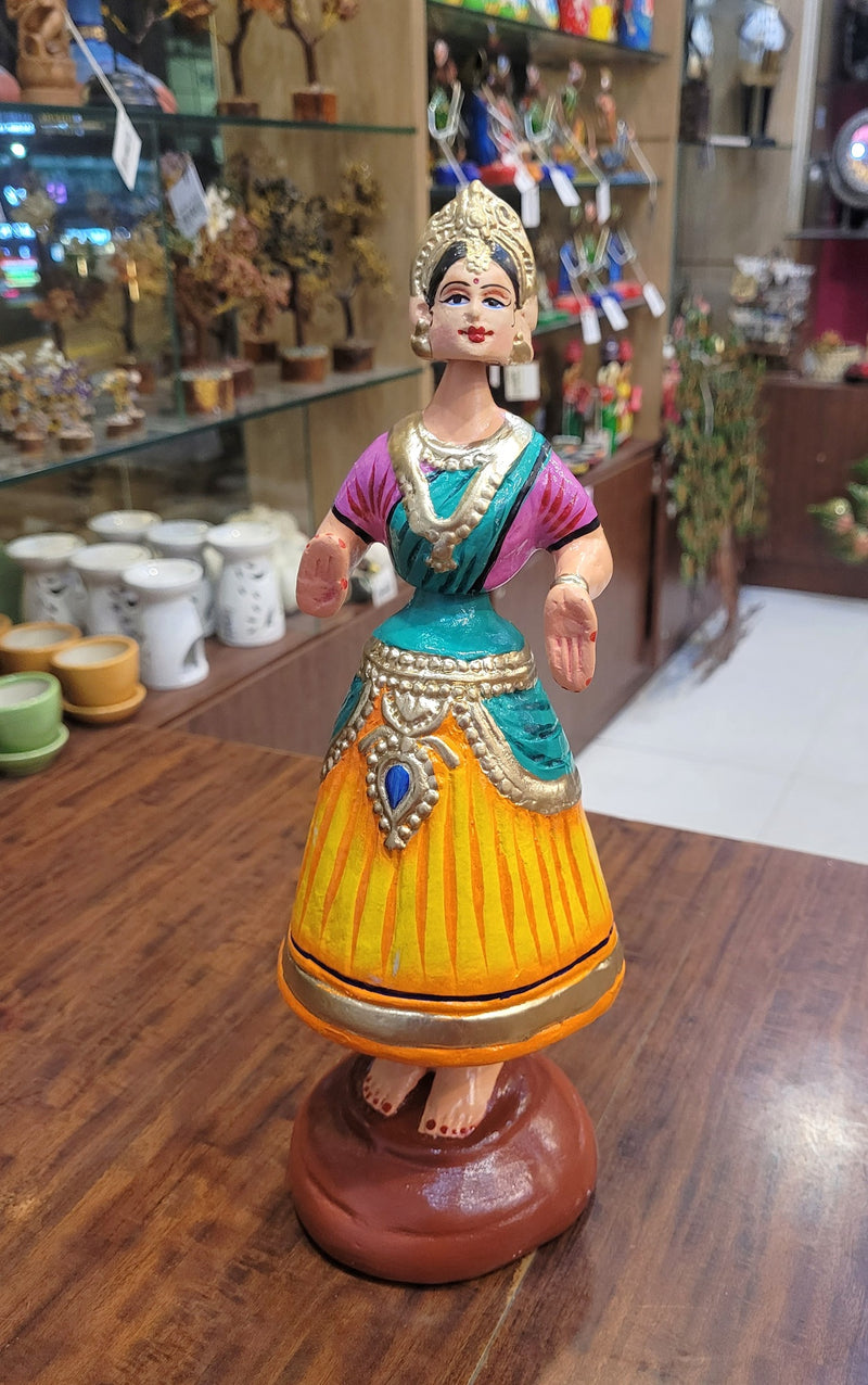 Diamond Dancing Doll 12 inch Big Yellow With Green(12 H * 4.5 L * 4.5 W) inch Paper mache Thanjavur thalayatti bommai dancing doll