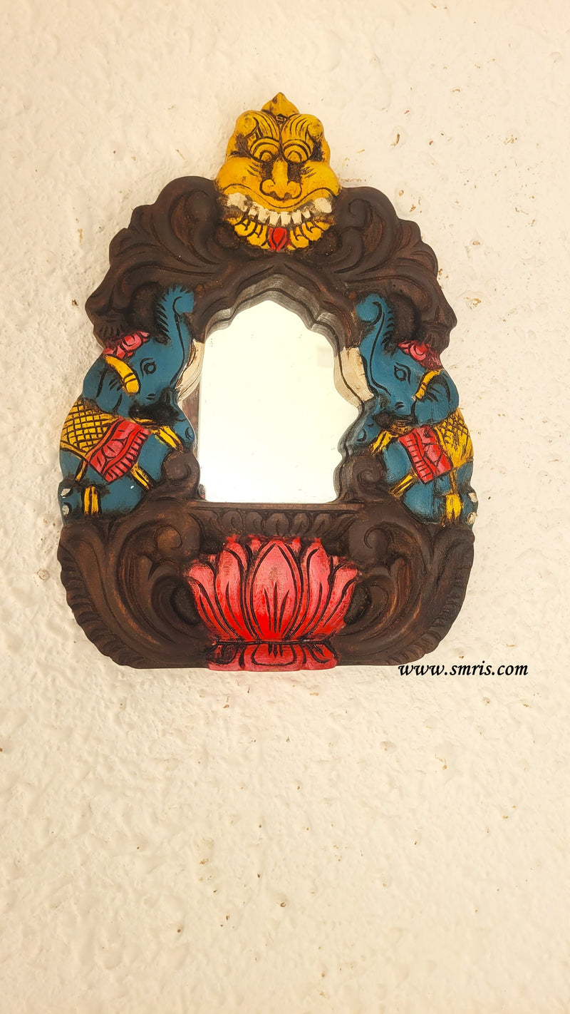 Double Elephant Blue With Yali and Lotus Mirror Frame Chettinad Mahogany Wood Carving Traditional Chettinad Handicrafts (12 H x 9 L x 2 W inches)