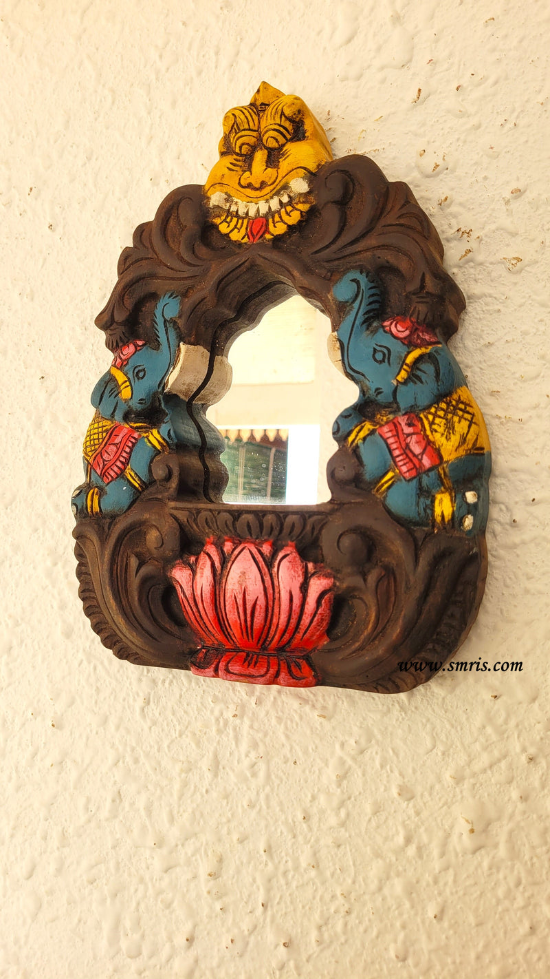 Double Elephant Blue With Yali and Lotus Mirror Frame Chettinad Mahogany Wood Carving Traditional Chettinad Handicrafts (12 H x 9 L x 2 W inches)