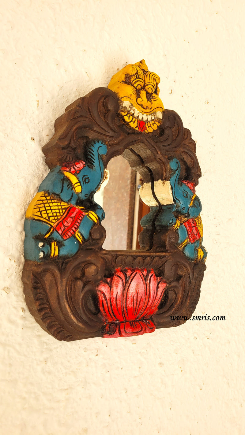 Double Elephant Blue With Yali and Lotus Mirror Frame Chettinad Mahogany Wood Carving Traditional Chettinad Handicrafts (12 H x 9 L x 2 W inches)