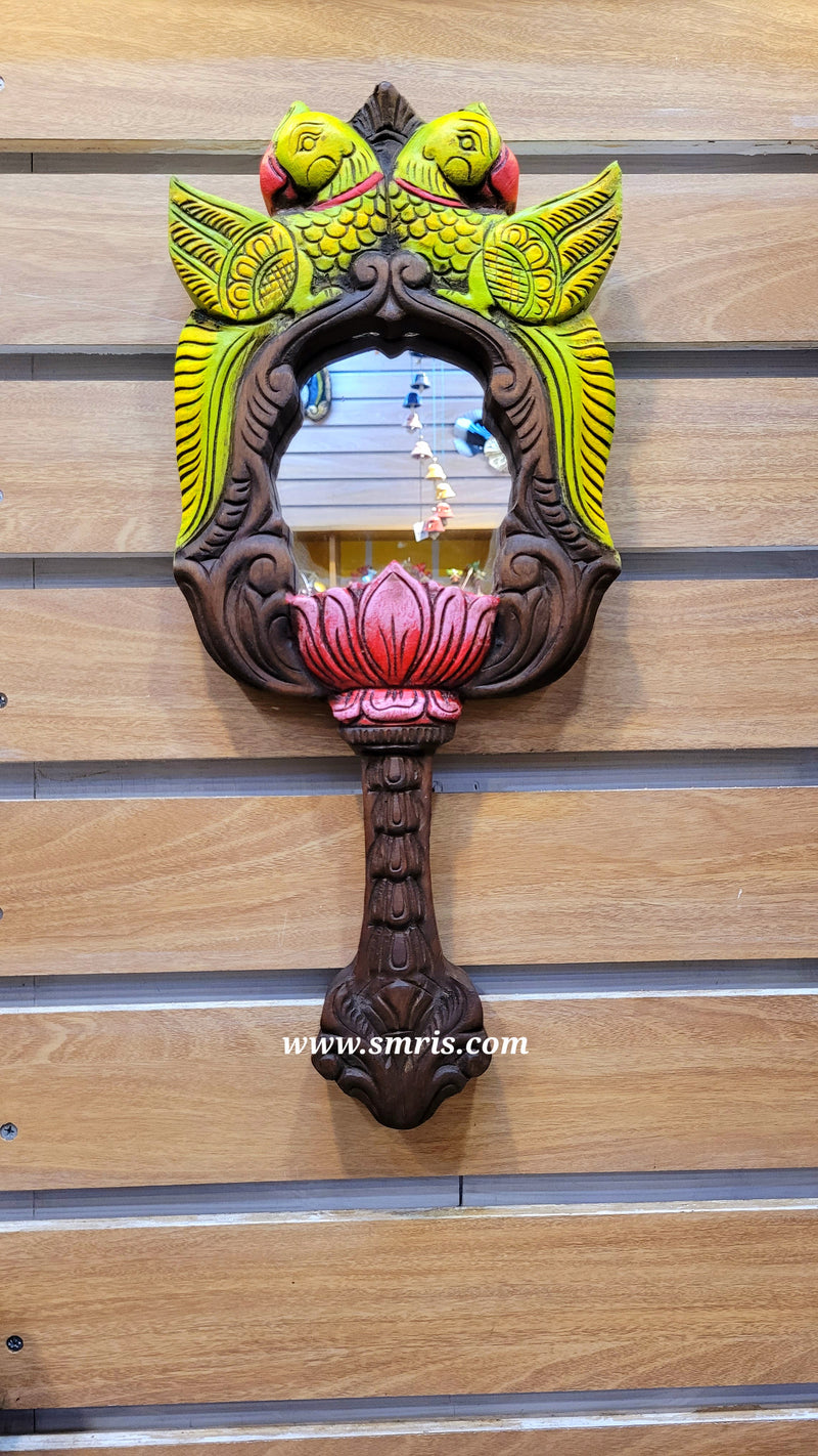Double Parrot With Lotus Mirror Frame Mahogany Wood Carving Traditional Chettinad Indian Handicrafts (18 H x 8 L x 1 W inches)