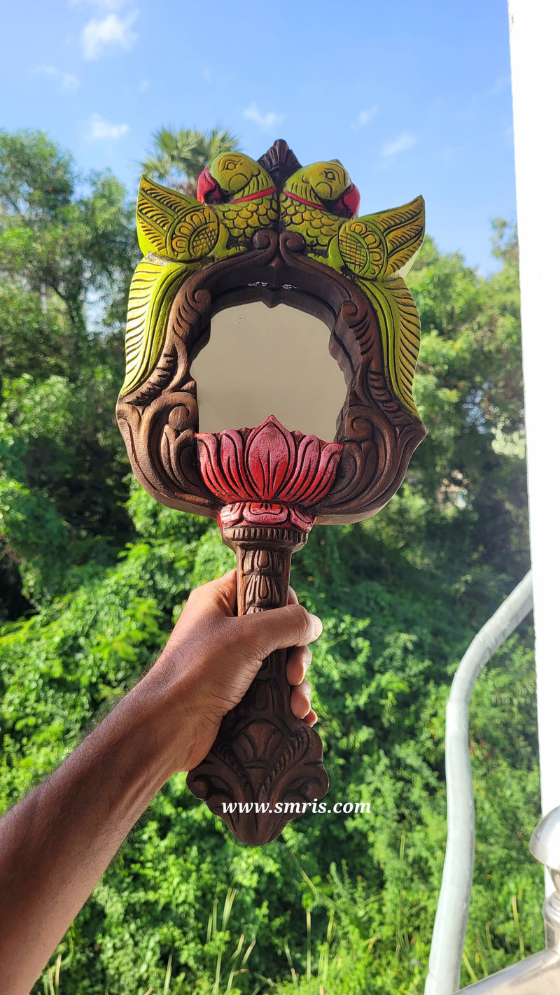Double Parrot With Lotus Mirror Frame Mahogany Wood Carving Traditional Chettinad Indian Handicrafts (18 H x 8 L x 1 W inches)