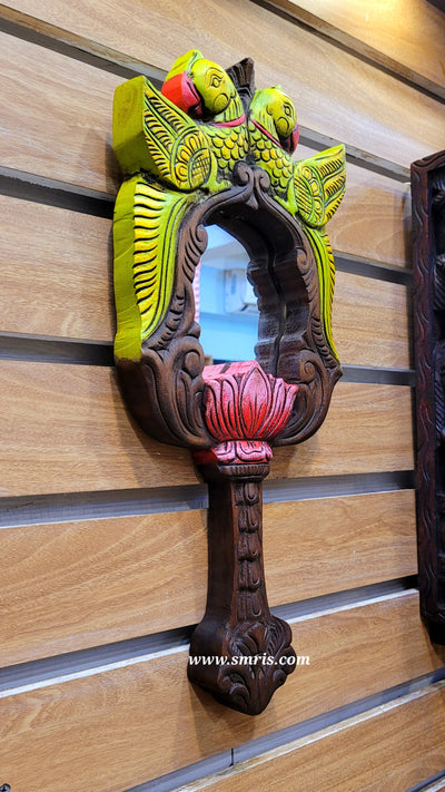 Double Parrot With Lotus Mirror Frame Mahogany Wood Carving Traditional Chettinad Indian Handicrafts (18 H x 8 L x 1 W inches)
