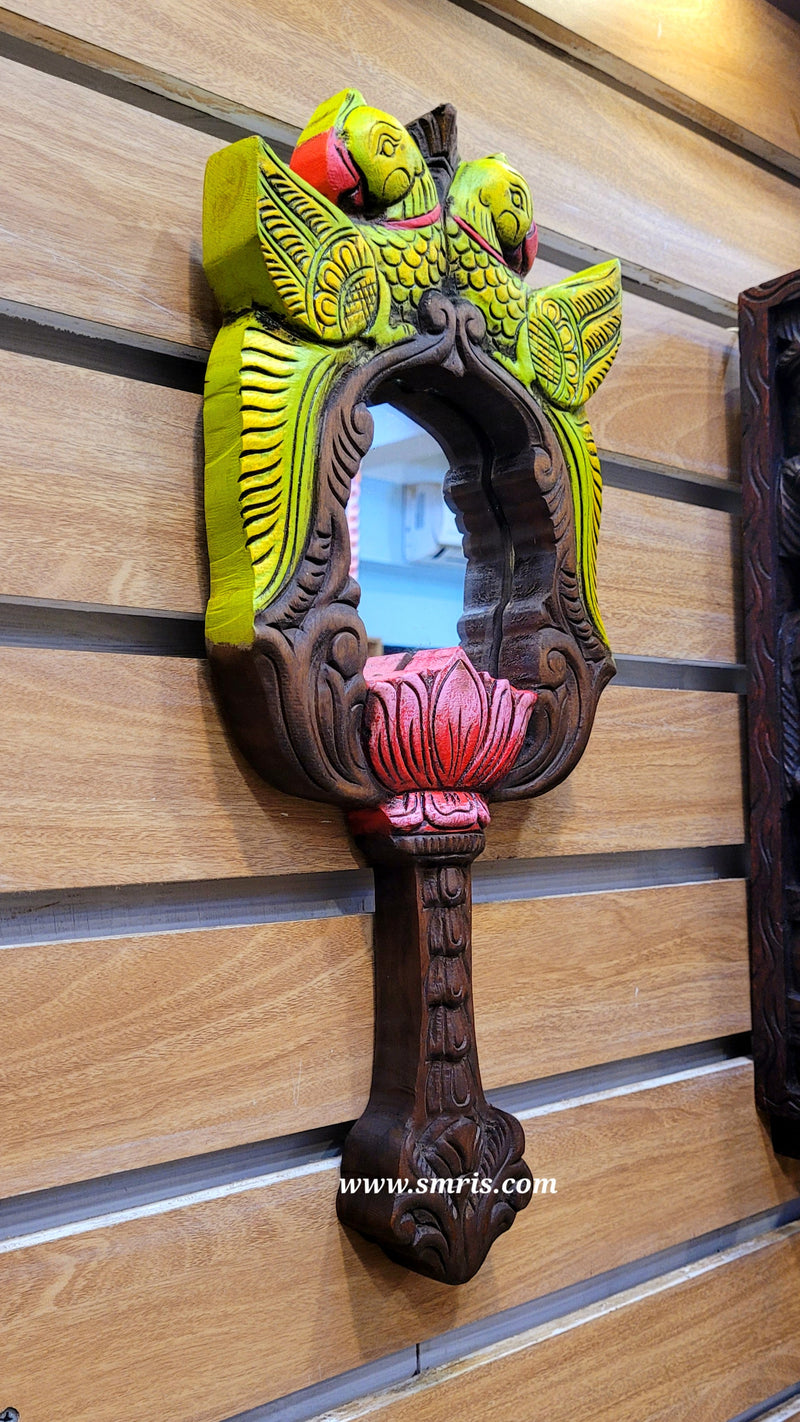 Double Parrot With Lotus Mirror Frame Mahogany Wood Carving Traditional Chettinad Indian Handicrafts (18 H x 8 L x 1 W inches)