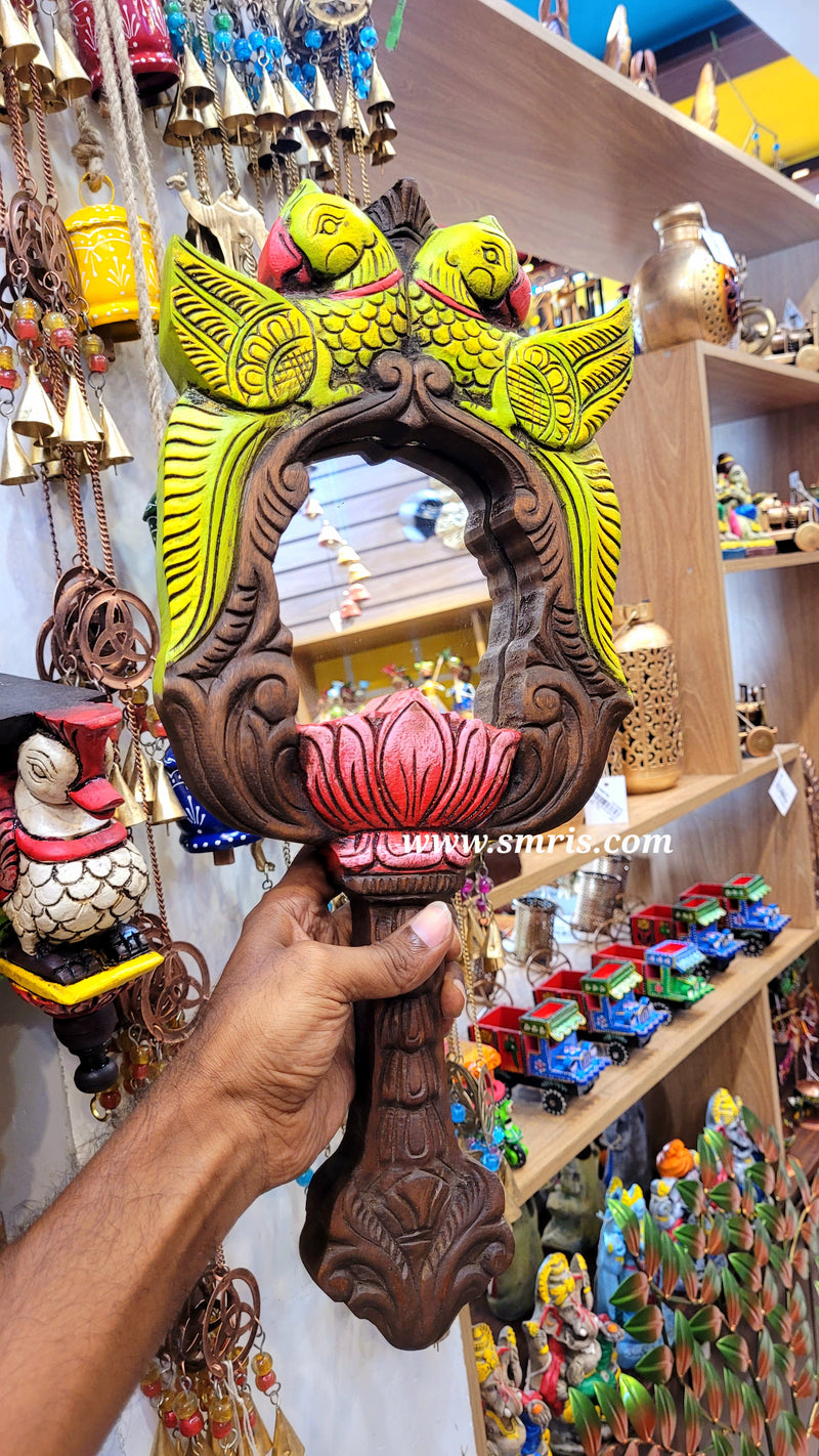Double Parrot With Lotus Mirror Frame Mahogany Wood Carving Traditional Chettinad Indian Handicrafts (18 H x 8 L x 1 W inches)