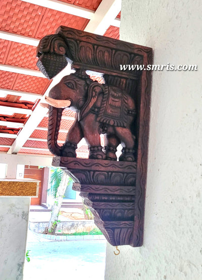 Elephant BIG With White Tusk Bodhil Wall Bracket / Corbel Natural Colour Mahogany Wood Carving Traditional Chettinad Handicrafts (18 H x 10 L x 2.5 W inches)