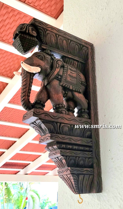 Elephant BIG With White Tusk Bodhil Wall Bracket / Corbel Natural Colour Mahogany Wood Carving Traditional Chettinad Handicrafts (18 H x 10 L x 2.5 W inches)