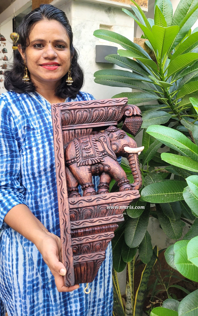 Elephant BIG With White Tusk Bodhil Wall Bracket / Corbel Natural Colour Mahogany Wood Carving Traditional Chettinad Handicrafts (18 H x 10 L x 2.5 W inches)