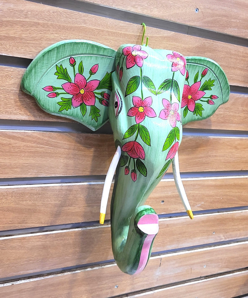 Elephant Head Pichwai Painting Mango Solid Wood Light Green Flower Design Wall Decor Indian Handicrafts Traditional Foyer Entrance Decor Vastu Decor (15H x 15L x 4.5W Inches)