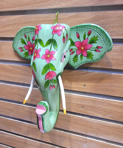 Elephant Head Pichwai Painting Mango Solid Wood Light Green Flower Design Wall Decor Indian Handicrafts Traditional Foyer Entrance Decor Vastu Decor (15H x 15L x 4.5W Inches)