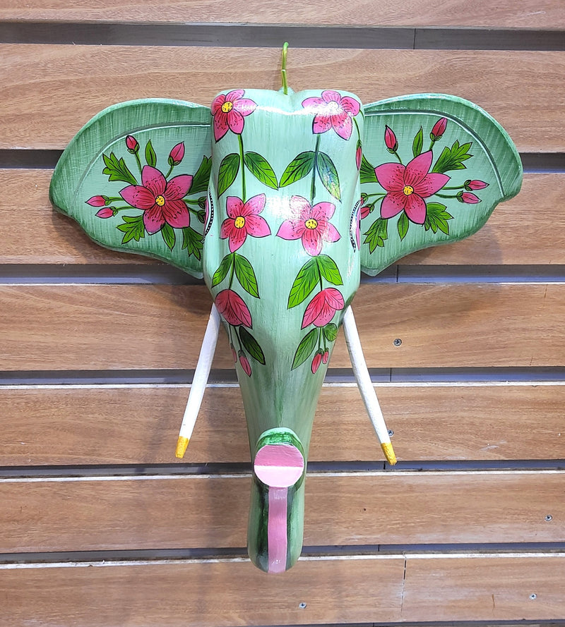 Elephant Head Pichwai Painting Mango Solid Wood Light Green Flower Design Wall Decor Indian Handicrafts Traditional Foyer Entrance Decor Vastu Decor (15H x 15L x 4.5W Inches)