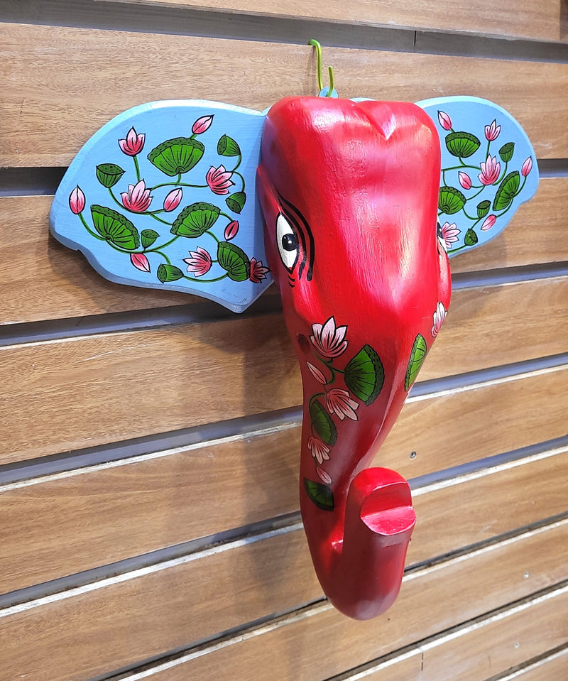 Elephant Head Pichwai Painting Mango Solid Wood Red and Blue Flower Deisgn Wall Decor Indian Handicrafts Traditional Foyer Entrance Decor Vastu Decor (15H x 15L x 4.5W Inches)