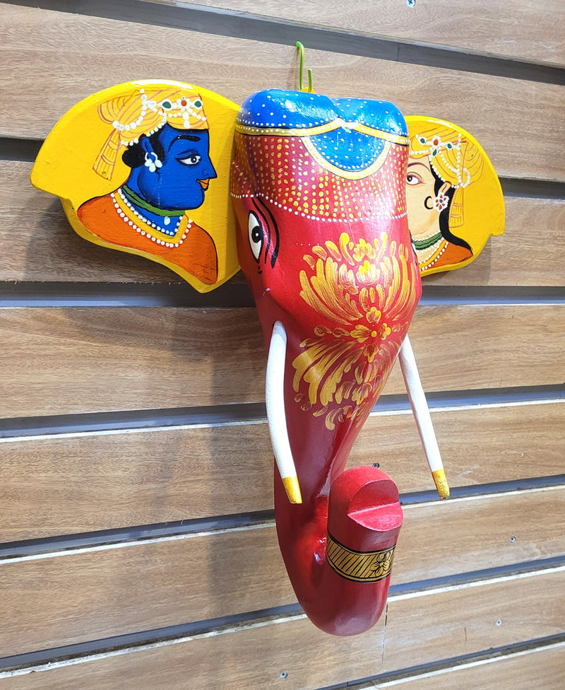 Elephant Head Pichwai Painting Mango Solid Wood Radhe Krishna Red and Yellow Wall Decor Indian Handicrafts Traditional Foyer Entrance Decor Vastu Decor (15H x 15L x 4.5W Inches)