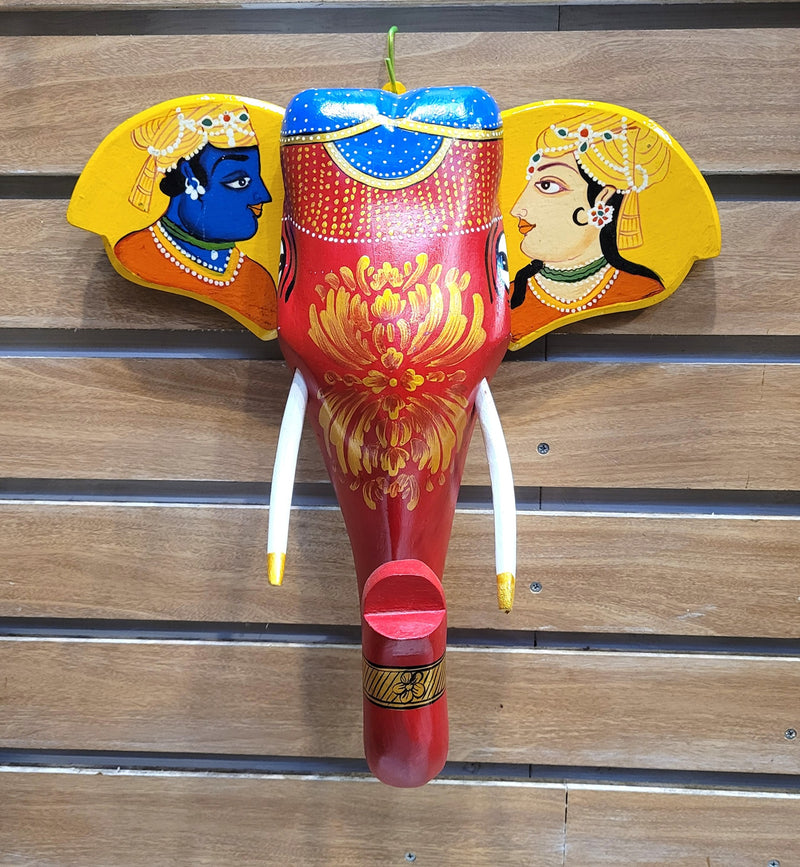 Elephant Head Pichwai Painting Mango Solid Wood Radhe Krishna Red and Yellow Wall Decor Indian Handicrafts Traditional Foyer Entrance Decor Vastu Decor (15H x 15L x 4.5W Inches)