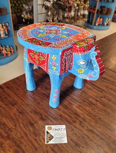 Wooden Elephant Stool Sky Blue Colour Design 1 (8H x 10.5L x 8W Inches) Indian Handicrafts Home Decor Pooja Decor Foyer Decor
