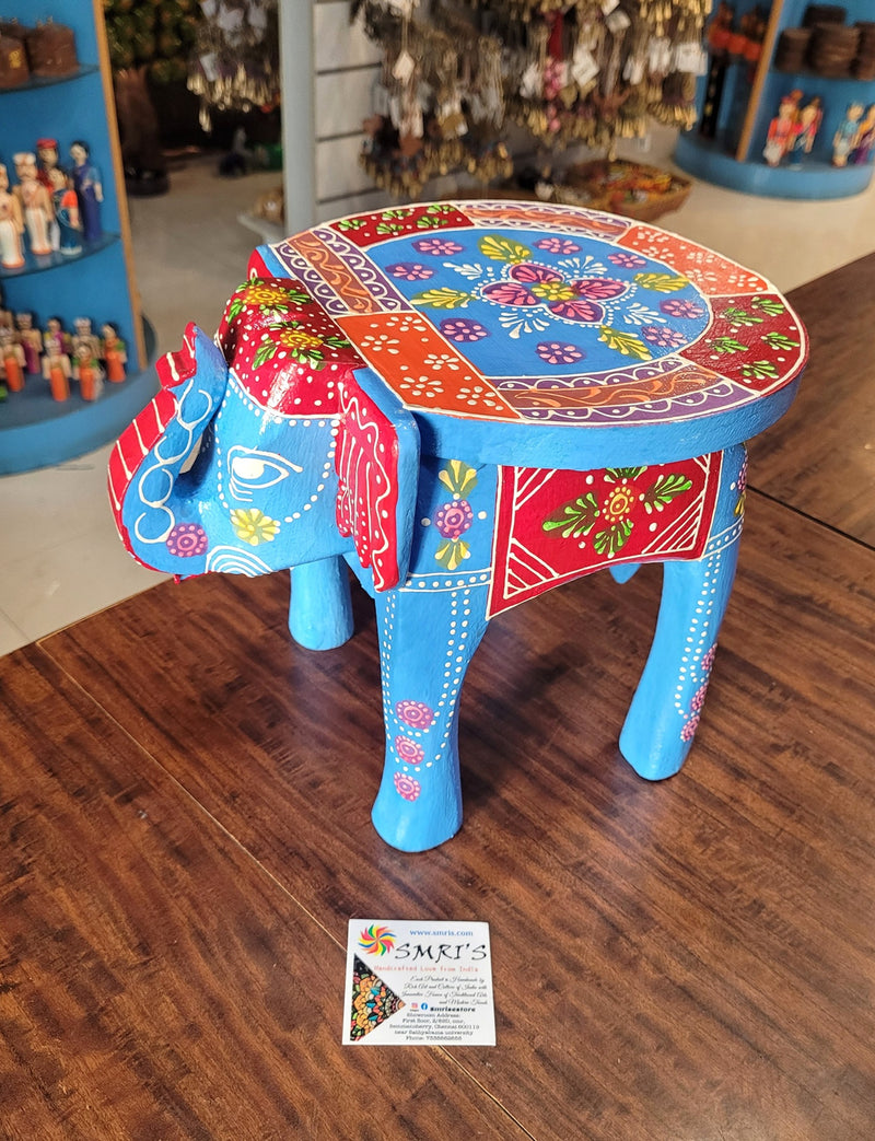 Wooden Elephant Stool Sky Blue Colour Design 1 (8H x 10.5L x 8W Inches) Indian Handicrafts Home Decor Pooja Decor Foyer Decor
