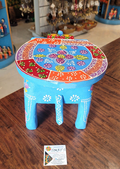 Wooden Elephant Stool Sky Blue Colour Design 1 (8H x 10.5L x 8W Inches) Indian Handicrafts Home Decor Pooja Decor Foyer Decor