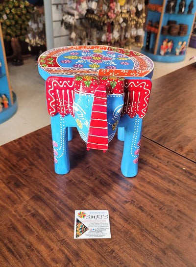 Wooden Elephant Stool Sky Blue Colour Design 1 (8H x 10.5L x 8W Inches) Indian Handicrafts Home Decor Pooja Decor Foyer Decor