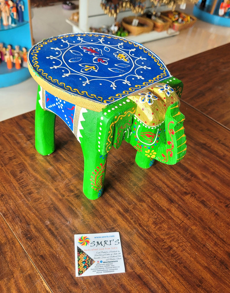 Wooden Elephant Stool Green with Blue Design 2 (6H x 9L x 6.5W Inches) Indian Handicrafts Home Decor Pooja Decor Foyer Decor