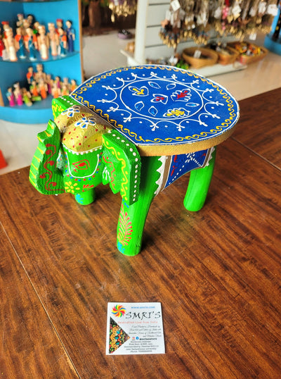 Wooden Elephant Stool Green with Blue Design 2 (6H x 9L x 6.5W Inches) Indian Handicrafts Home Decor Pooja Decor Foyer Decor