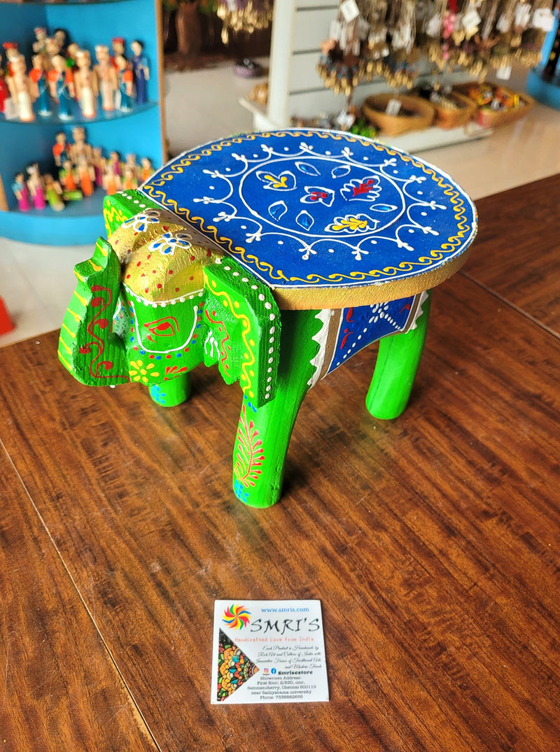 Wooden Elephant Stool Green with Blue Design 2 (6H x 9L x 6.5W Inches) Indian Handicrafts Home Decor Pooja Decor Foyer Decor