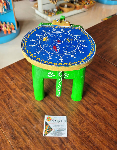 Wooden Elephant Stool Green with Blue Design 2 (6H x 9L x 6.5W Inches) Indian Handicrafts Home Decor Pooja Decor Foyer Decor