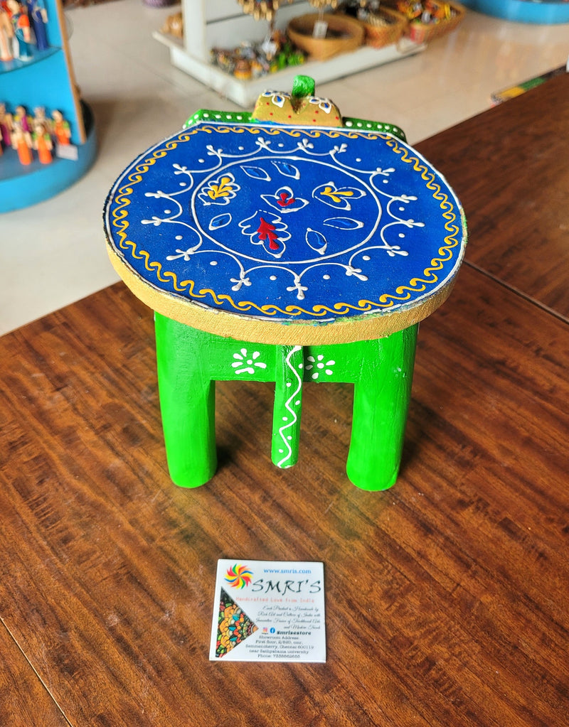 Wooden Elephant Stool Green with Blue Design 2 (6H x 9L x 6.5W Inches) Indian Handicrafts Home Decor Pooja Decor Foyer Decor