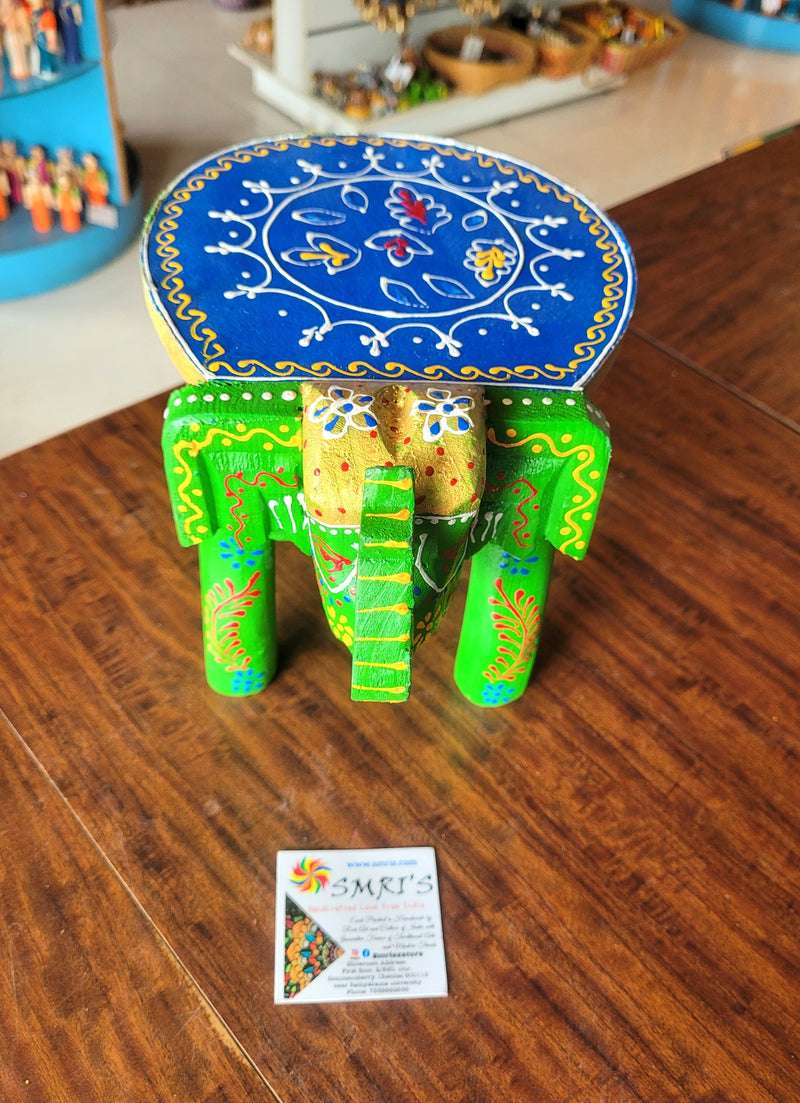 Wooden Elephant Stool Green with Blue Design 2 (6H x 9L x 6.5W Inches) Indian Handicrafts Home Decor Pooja Decor Foyer Decor