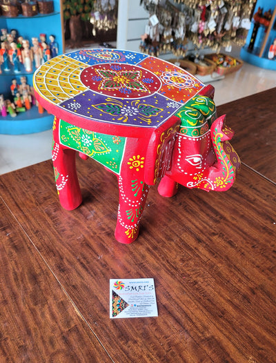 Wooden Elephant Stool Multicolour Design 2 (8H x 10.5L x 8W Inches) Indian Handicrafts Home Decor Pooja Decor Foyer Decor