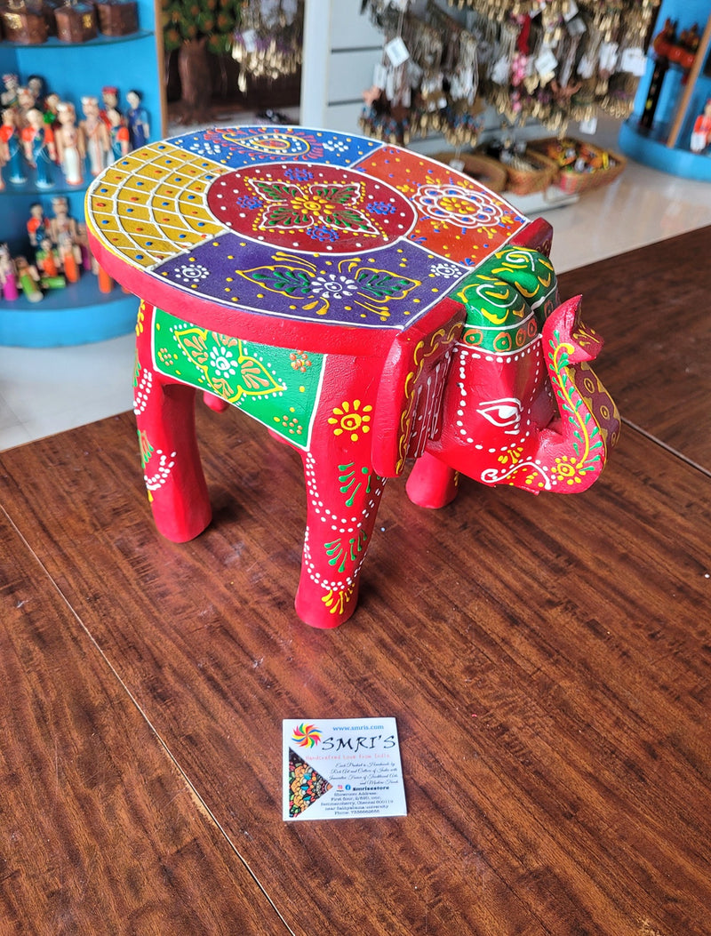 Wooden Elephant Stool Multicolour Design 2 (8H x 10.5L x 8W Inches) Indian Handicrafts Home Decor Pooja Decor Foyer Decor