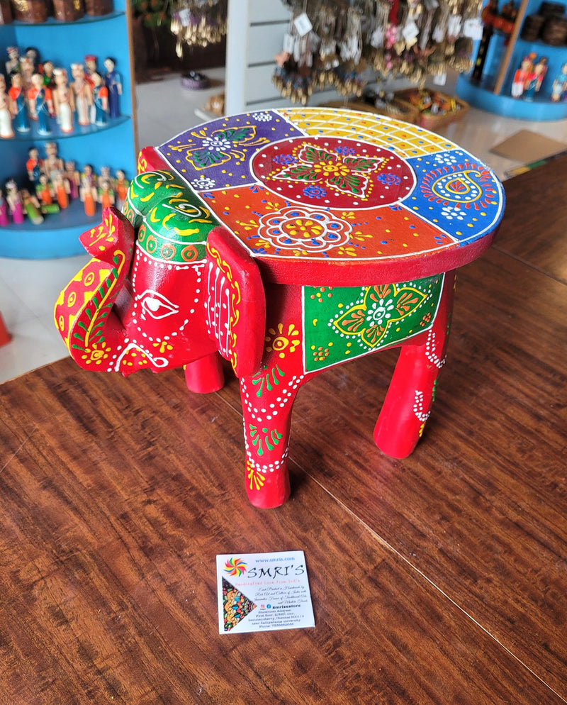 Wooden Elephant Stool Multicolour Design 2 (8H x 10.5L x 8W Inches) Indian Handicrafts Home Decor Pooja Decor Foyer Decor