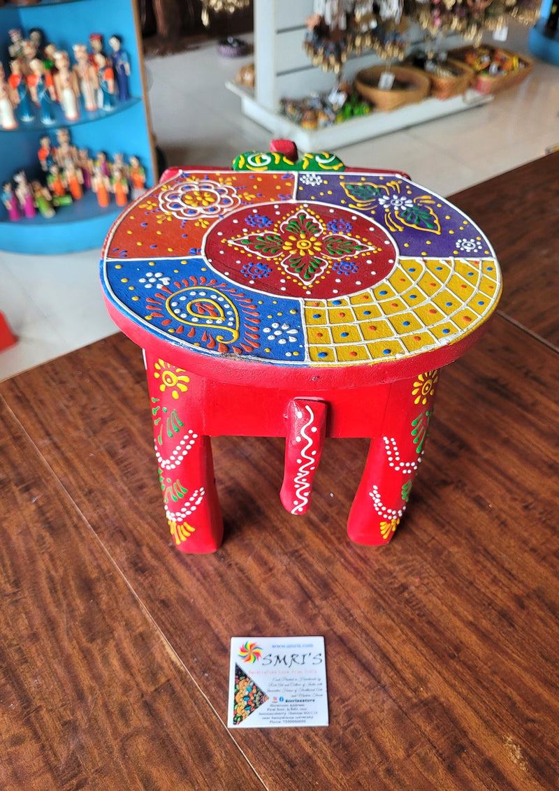 Wooden Elephant Stool Multicolour Design 2 (8H x 10.5L x 8W Inches) Indian Handicrafts Home Decor Pooja Decor Foyer Decor
