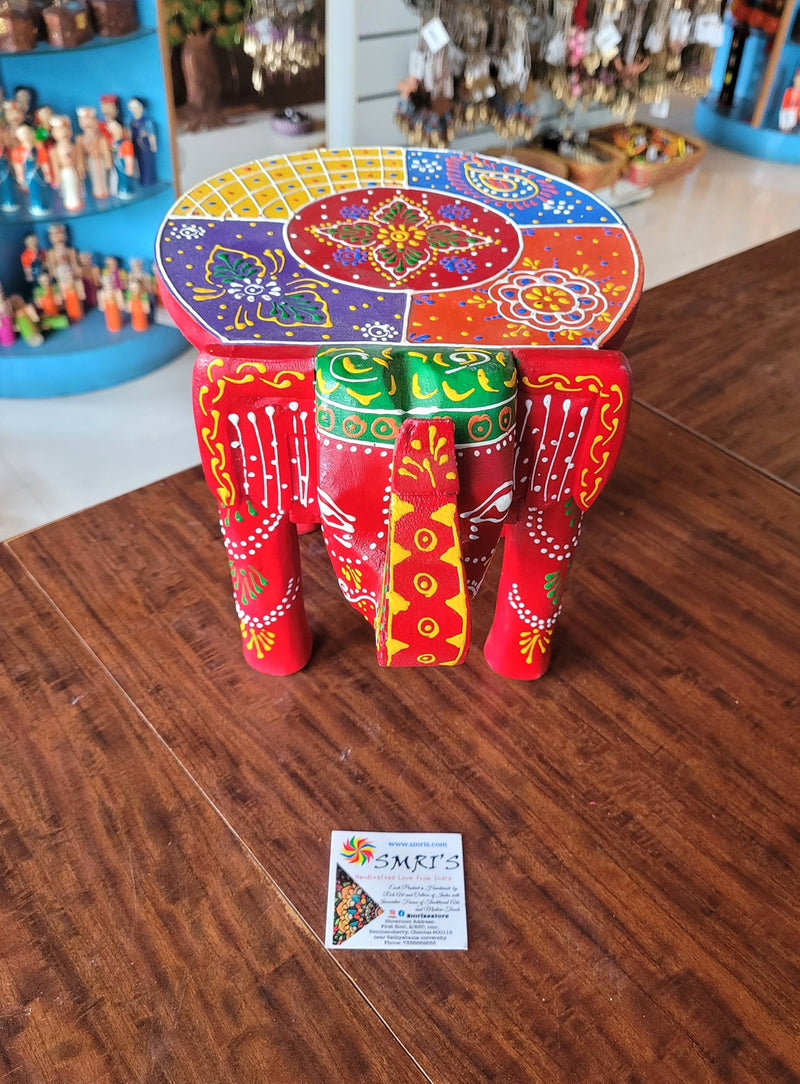 Wooden Elephant Stool Multicolour Design 2 (8H x 10.5L x 8W Inches) Indian Handicrafts Home Decor Pooja Decor Foyer Decor