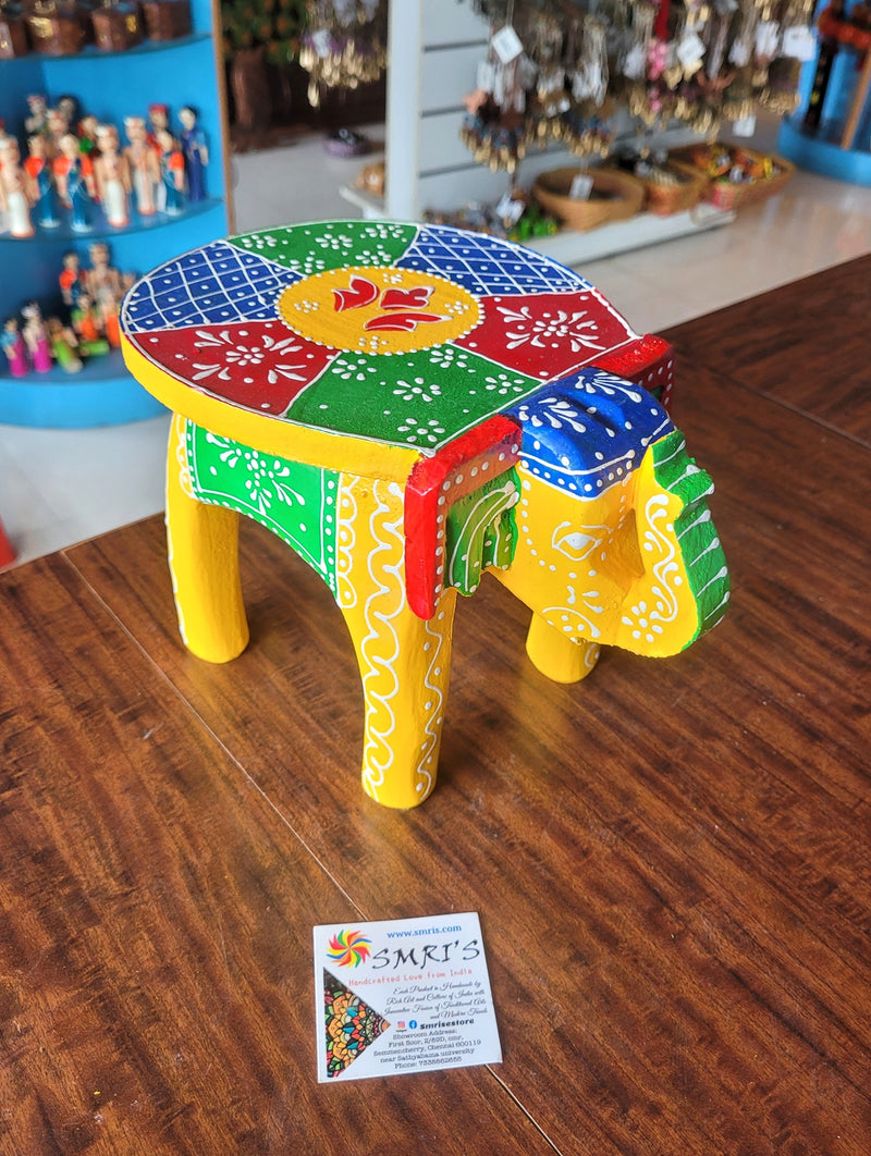 Wooden Elephant Stool Multicolour Deisgn 3 (6H x 9L x 6.5W Inches) Indian Handicrafts Home Decor Pooja Decor Foyer Decor