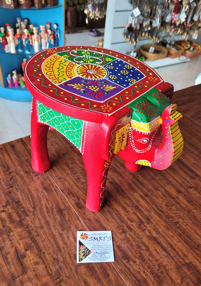 Wooden Elephant Stool Multicolour Design 3 (8H x 10.5L x 8W Inches) Indian Handicrafts Home Decor Pooja Decor Foyer Decor