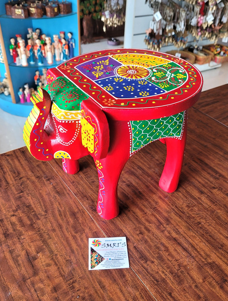 Wooden Elephant Stool Multicolour Design 3 (8H x 10.5L x 8W Inches) Indian Handicrafts Home Decor Pooja Decor Foyer Decor