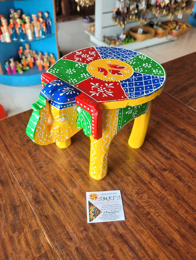 Wooden Elephant Stool Multicolour Deisgn 3 (6H x 9L x 6.5W Inches) Indian Handicrafts Home Decor Pooja Decor Foyer Decor