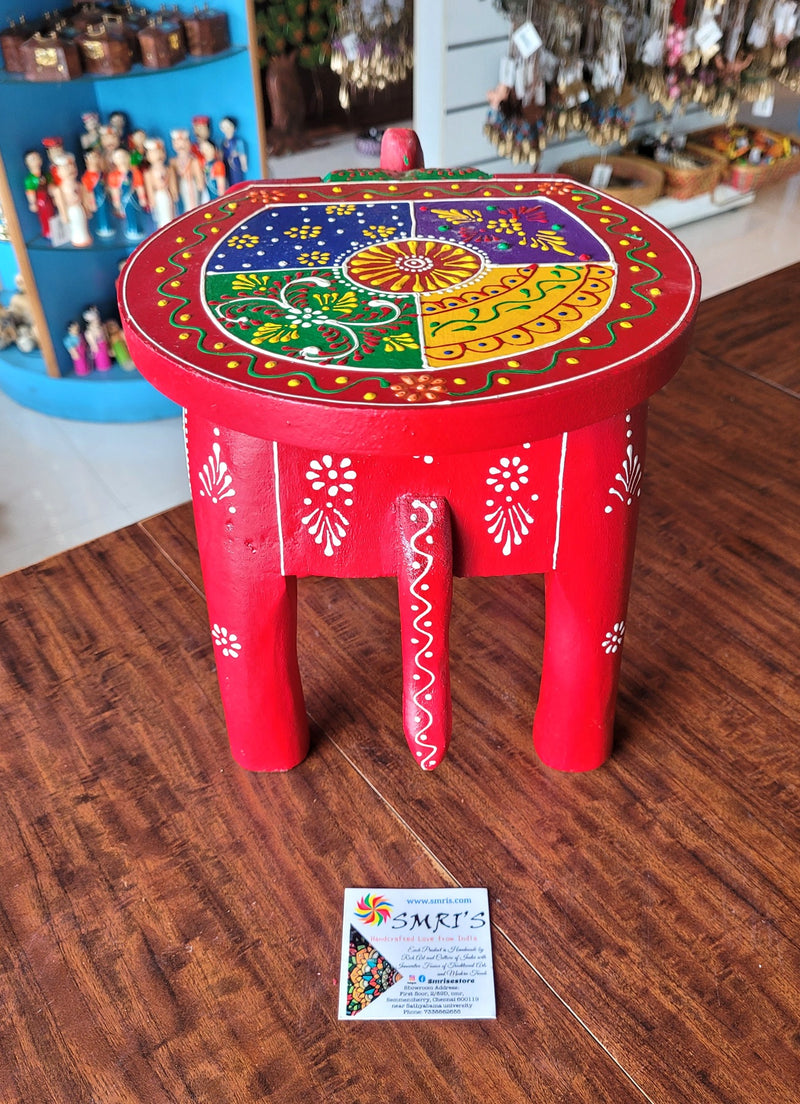 Wooden Elephant Stool Multicolour Design 3 (8H x 10.5L x 8W Inches) Indian Handicrafts Home Decor Pooja Decor Foyer Decor
