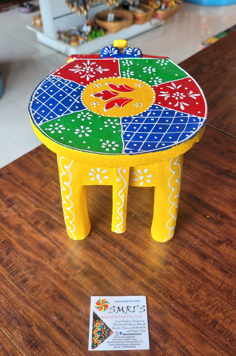 Wooden Elephant Stool Multicolour Deisgn 3 (6H x 9L x 6.5W Inches) Indian Handicrafts Home Decor Pooja Decor Foyer Decor