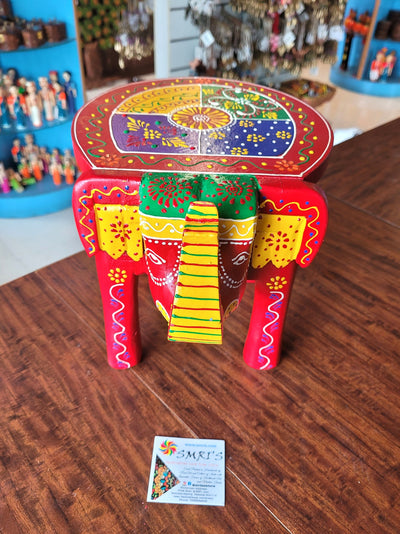 Wooden Elephant Stool Multicolour Design 3 (8H x 10.5L x 8W Inches) Indian Handicrafts Home Decor Pooja Decor Foyer Decor