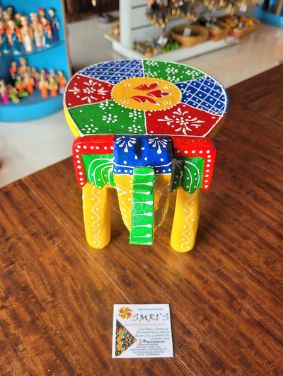 Wooden Elephant Stool Multicolour Deisgn 3 (6H x 9L x 6.5W Inches) Indian Handicrafts Home Decor Pooja Decor Foyer Decor