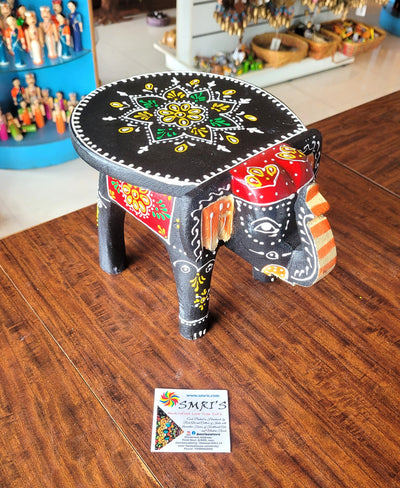 Wooden Elephant Stool Black with Red Design 4 (6H x 9L x 6.5W Inches) Indian Handicrafts Home Decor Pooja Decor Foyer Decor