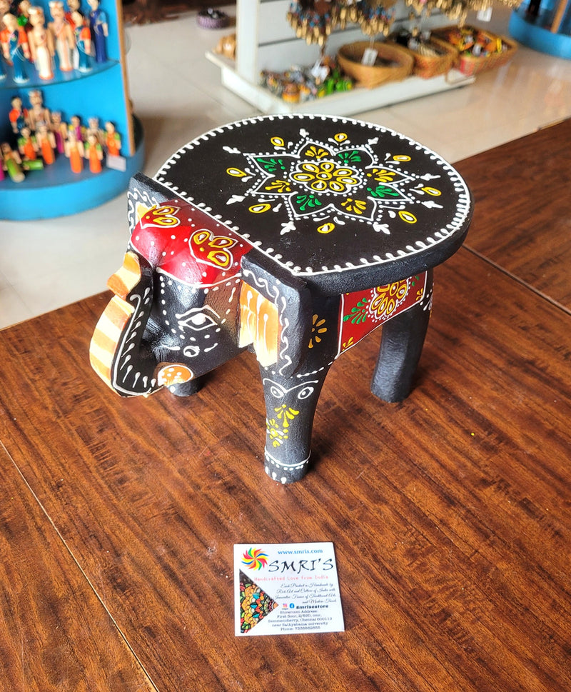 Wooden Elephant Stool Black with Red Design 4 (6H x 9L x 6.5W Inches) Indian Handicrafts Home Decor Pooja Decor Foyer Decor