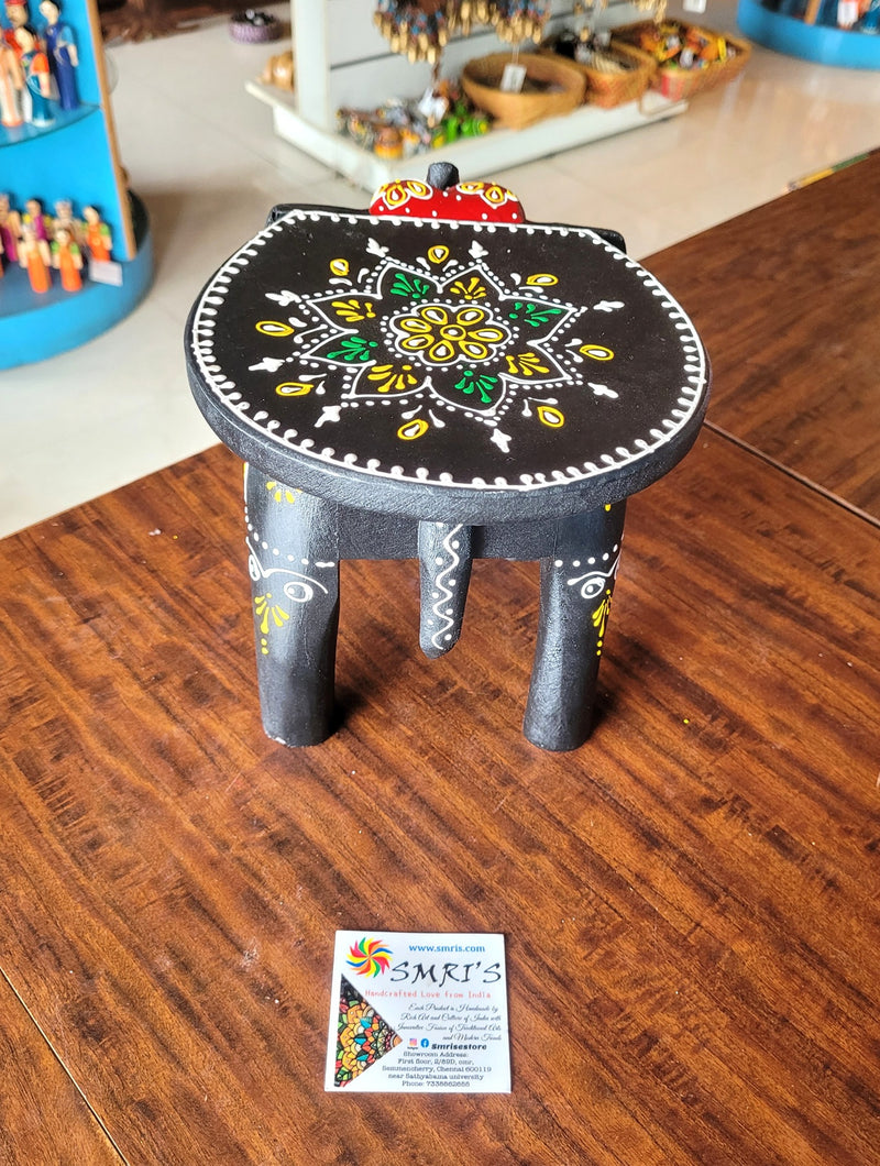 Wooden Elephant Stool Black with Red Design 4 (6H x 9L x 6.5W Inches) Indian Handicrafts Home Decor Pooja Decor Foyer Decor